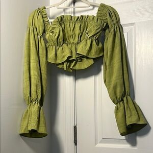Green Ruched Off the Shoulder Crop Top with Ruffled Neckline